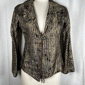 Women's Medium‎ Gold Leaf One Button 100% Silk Jacket Blazer Bell Sleeves